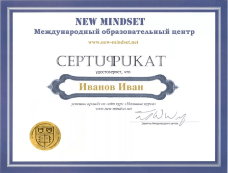 Сертификат образовательного центра «New Mindset»